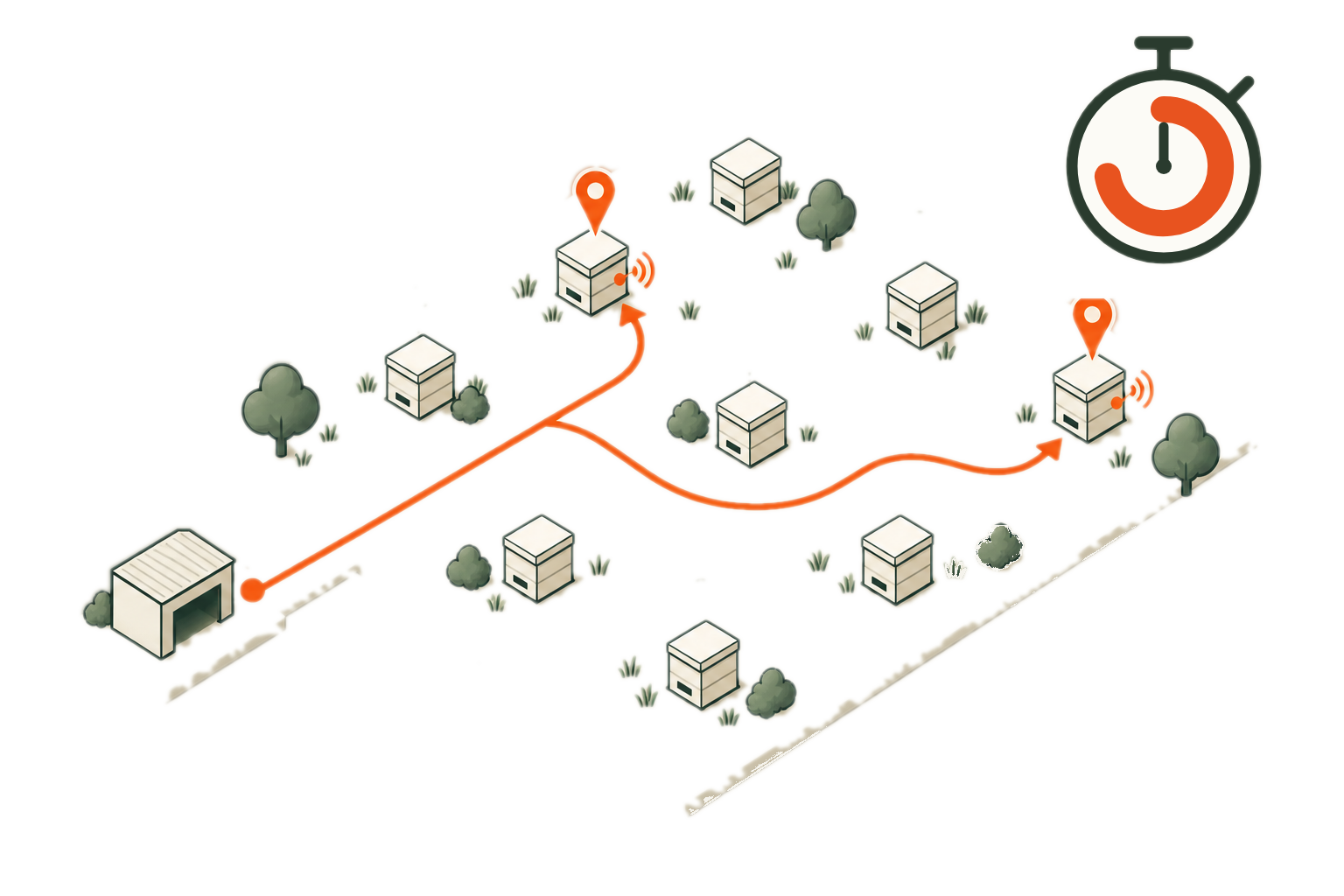 Illustration of an orchard with hives placed where they are needed