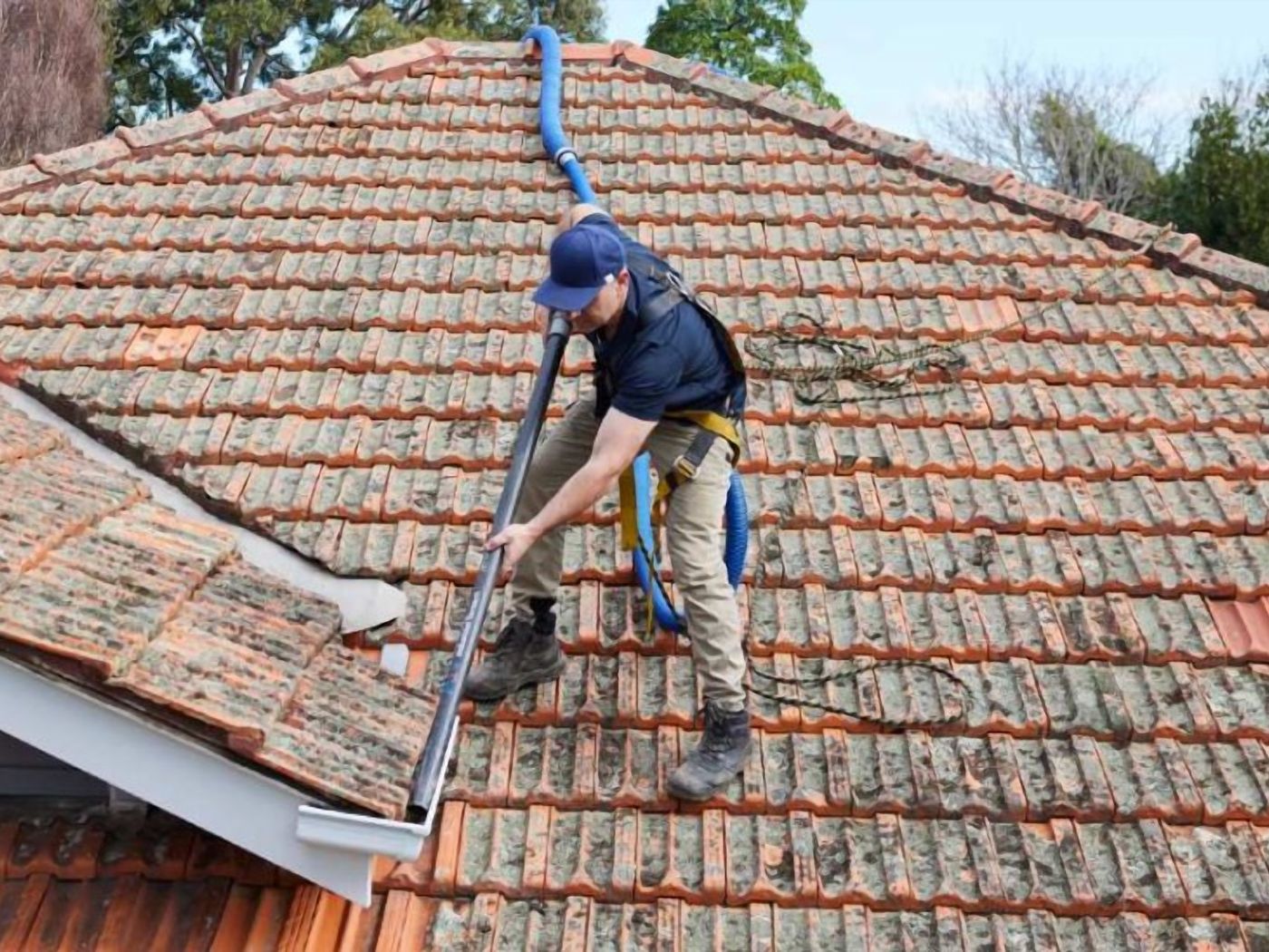 French Flair Roofing technician cleaning moss and lichen from a tiled roof