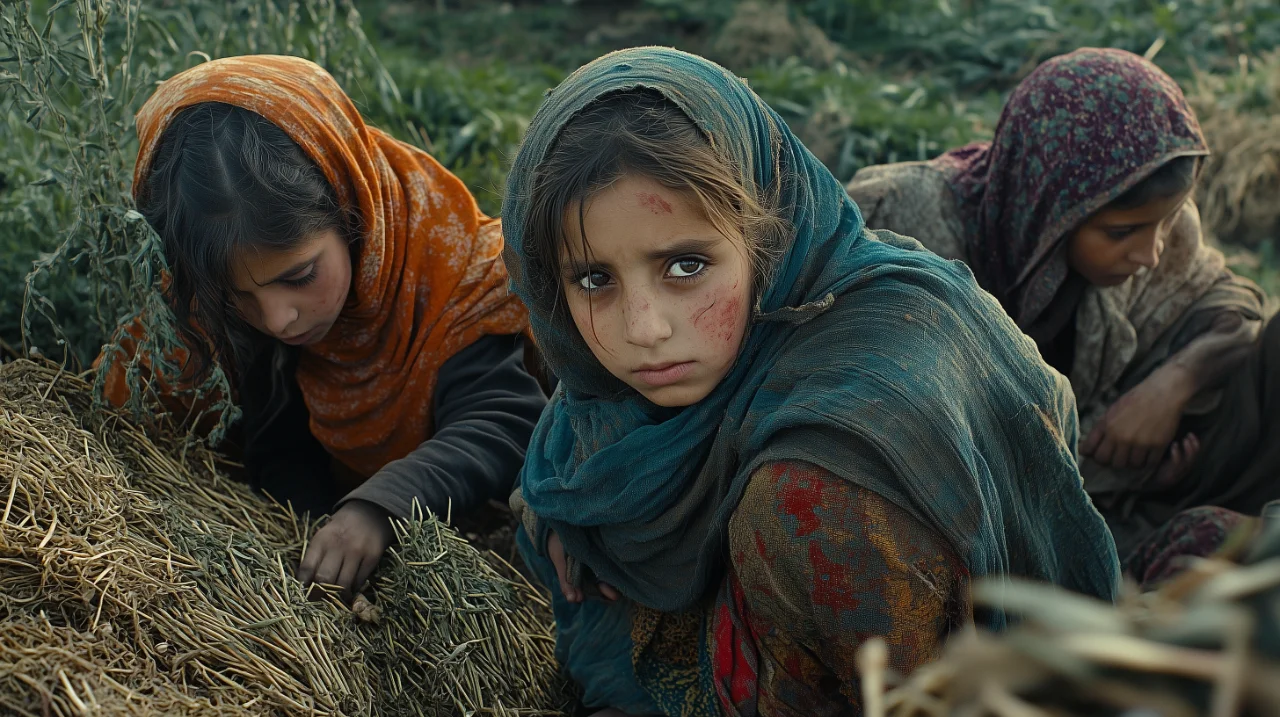 Three young girls wearing headscarves crouched outdoors among dried plants, with one girl looking directly at the camera and visible marks on her face.