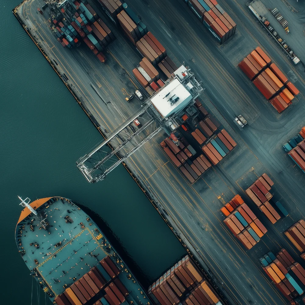 Aerial view of busy shipping port