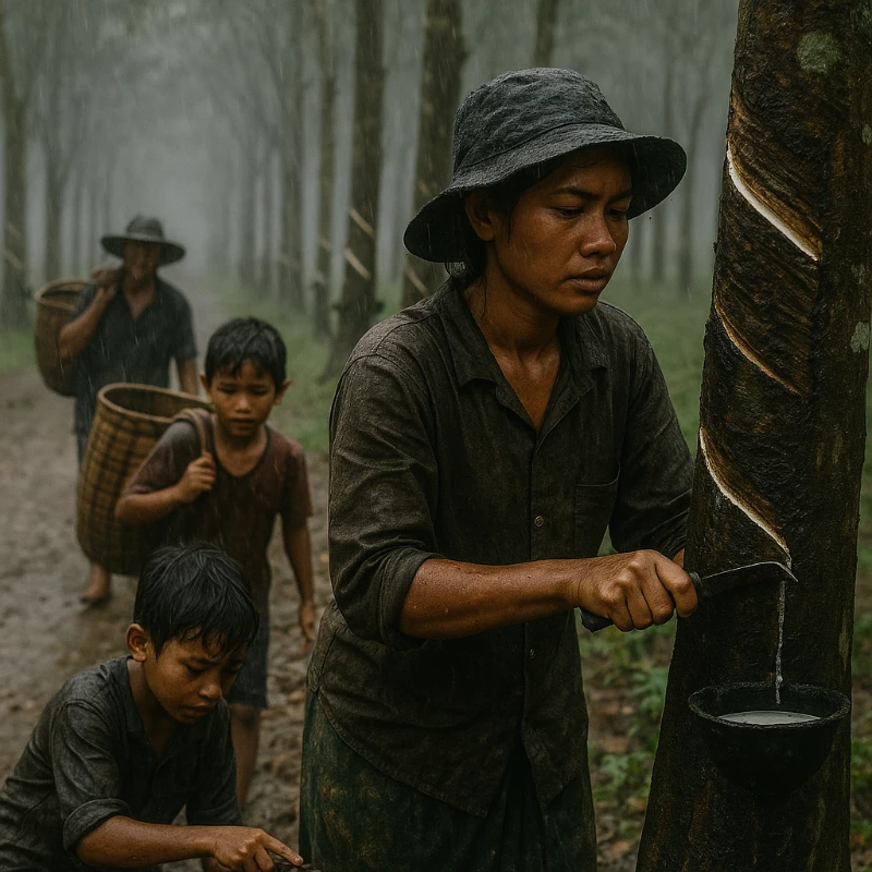 Poor family working in rubber plantation