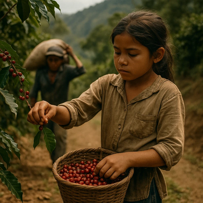 Young girl picking coffee beans