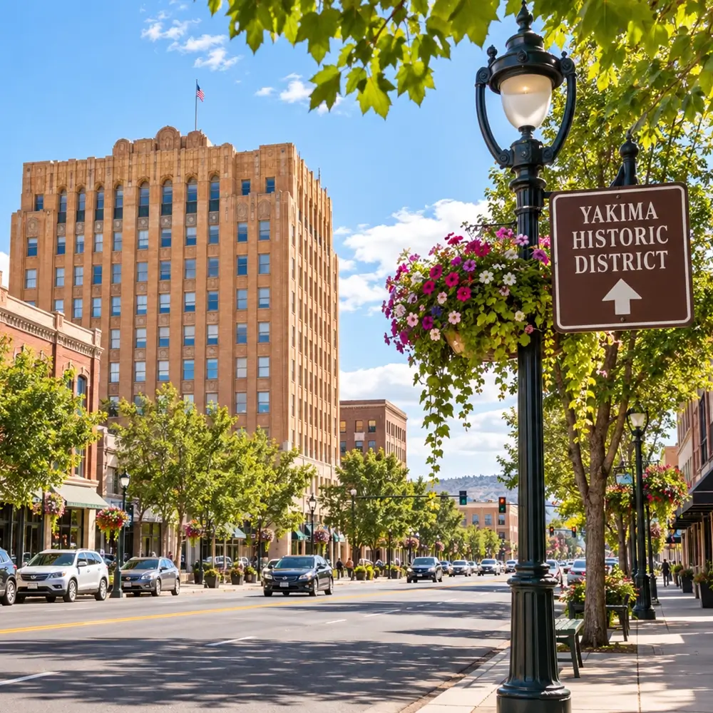 Yakima Washington downtown area with tall bid buildings and a light pole with a pointing towards Yakima historic district