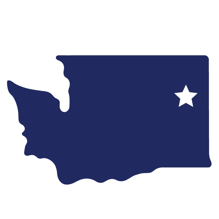 Map of Washington state with a star marking Spokane in the northeast corner of the state.