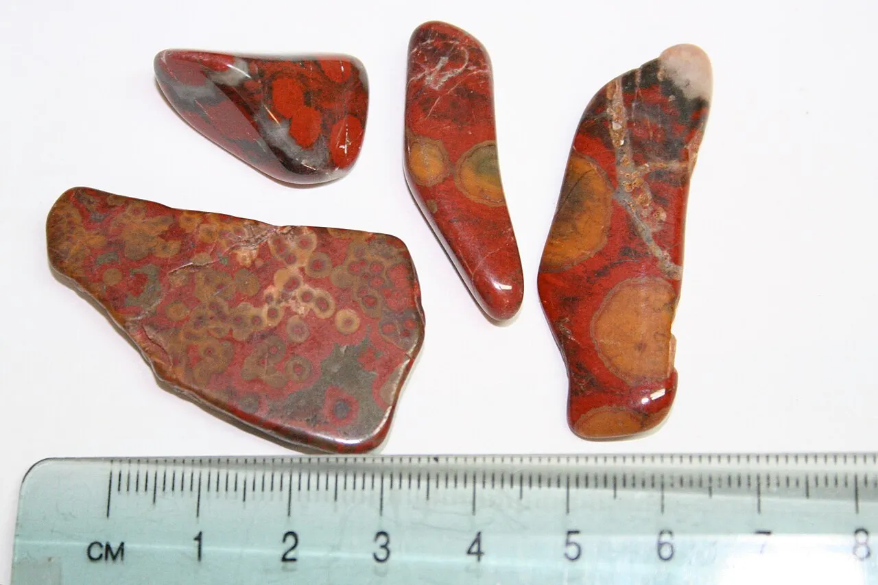 Polished red poppy jasper specimens showing orbicular patterns; reference material.