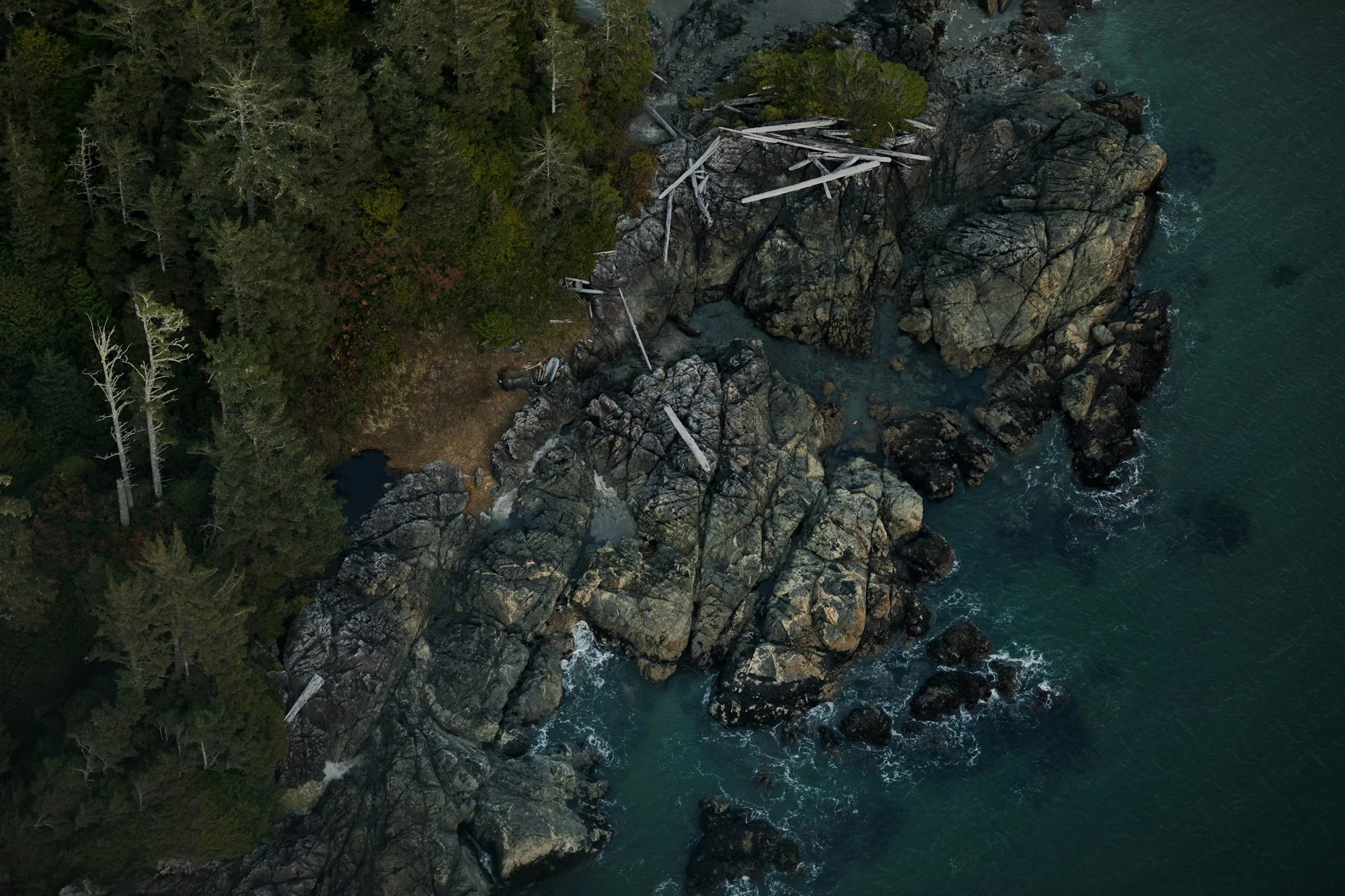 Aerial view of the rocky Tofino coast and Pacific Ocean
