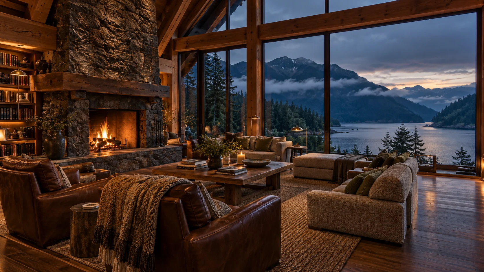 Concept of a warm cedar lodge great room with a stone fireplace, leather seating and panoramic views over a forested Pacific inlet