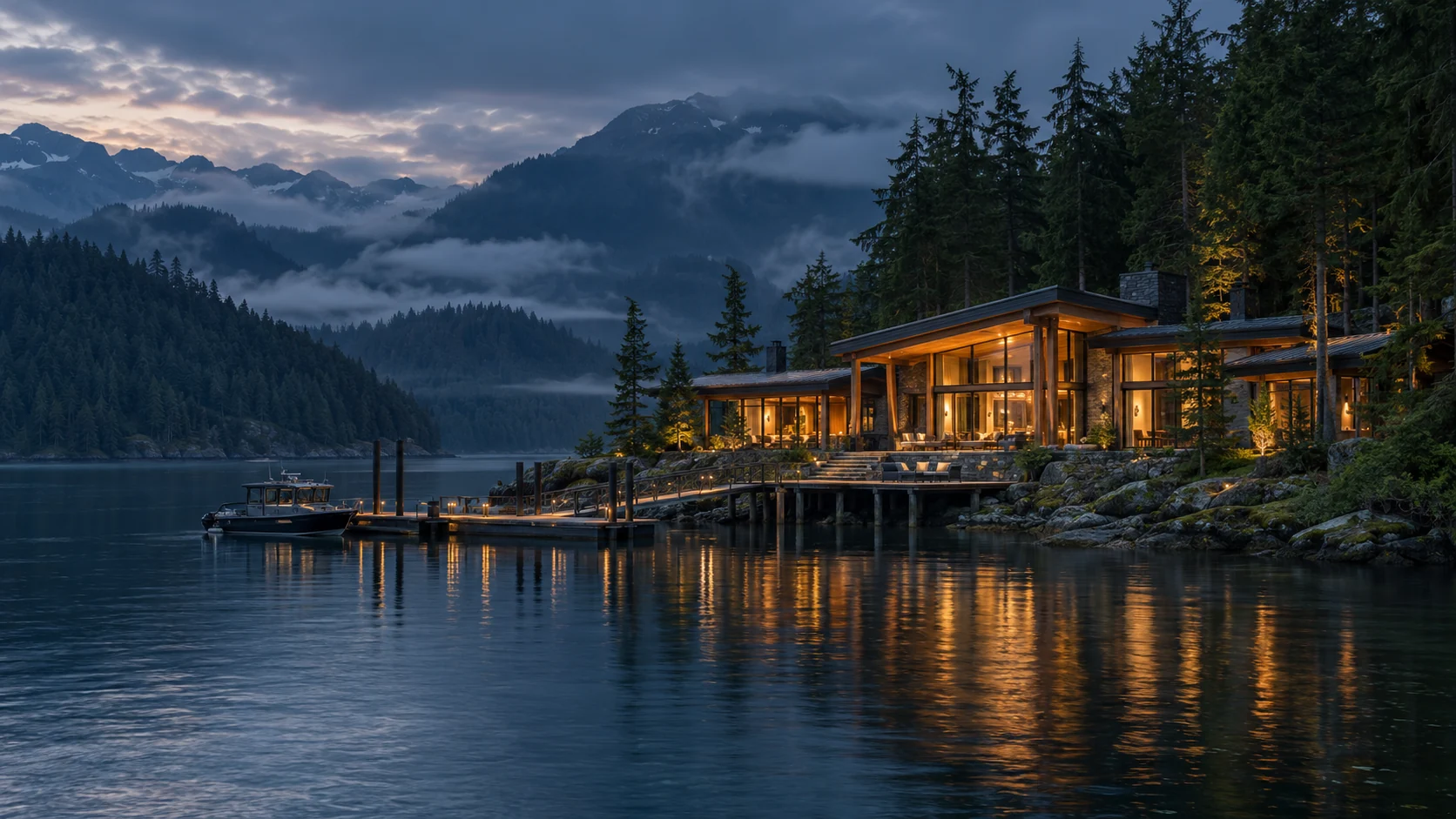 Concept of a cedar-and-stone West Coast lodge overlooking a misty Pacific inlet, with warm windows and a private timber dock