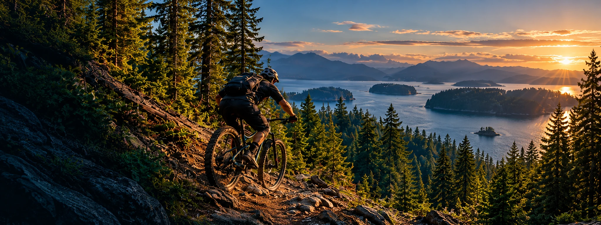 Illustrative coastal mountain biking scene with evergreen forest, a bay and sunset