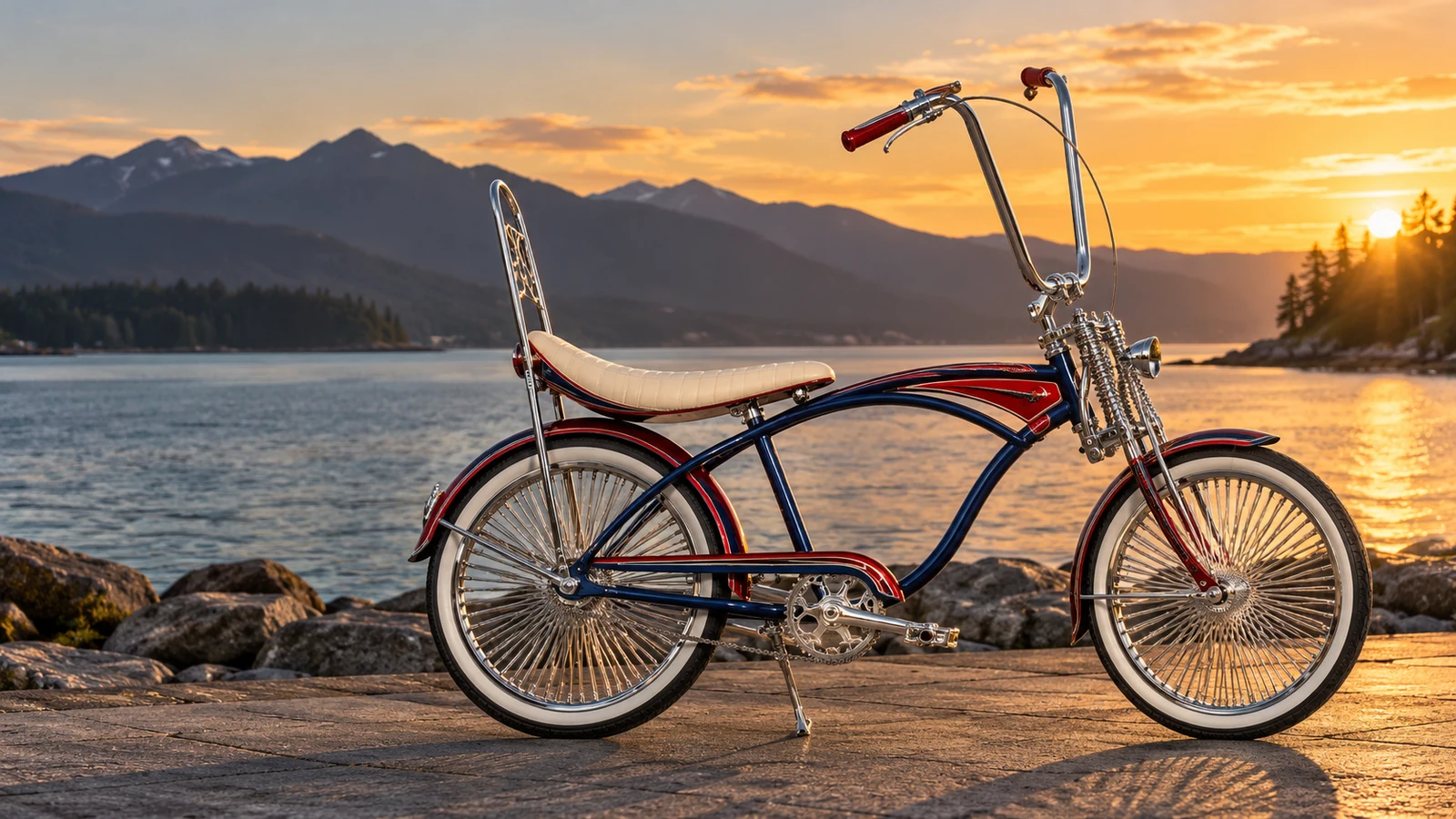 Original concept of a navy, red and chrome lowrider bicycle beside an imagined coastal waterfront