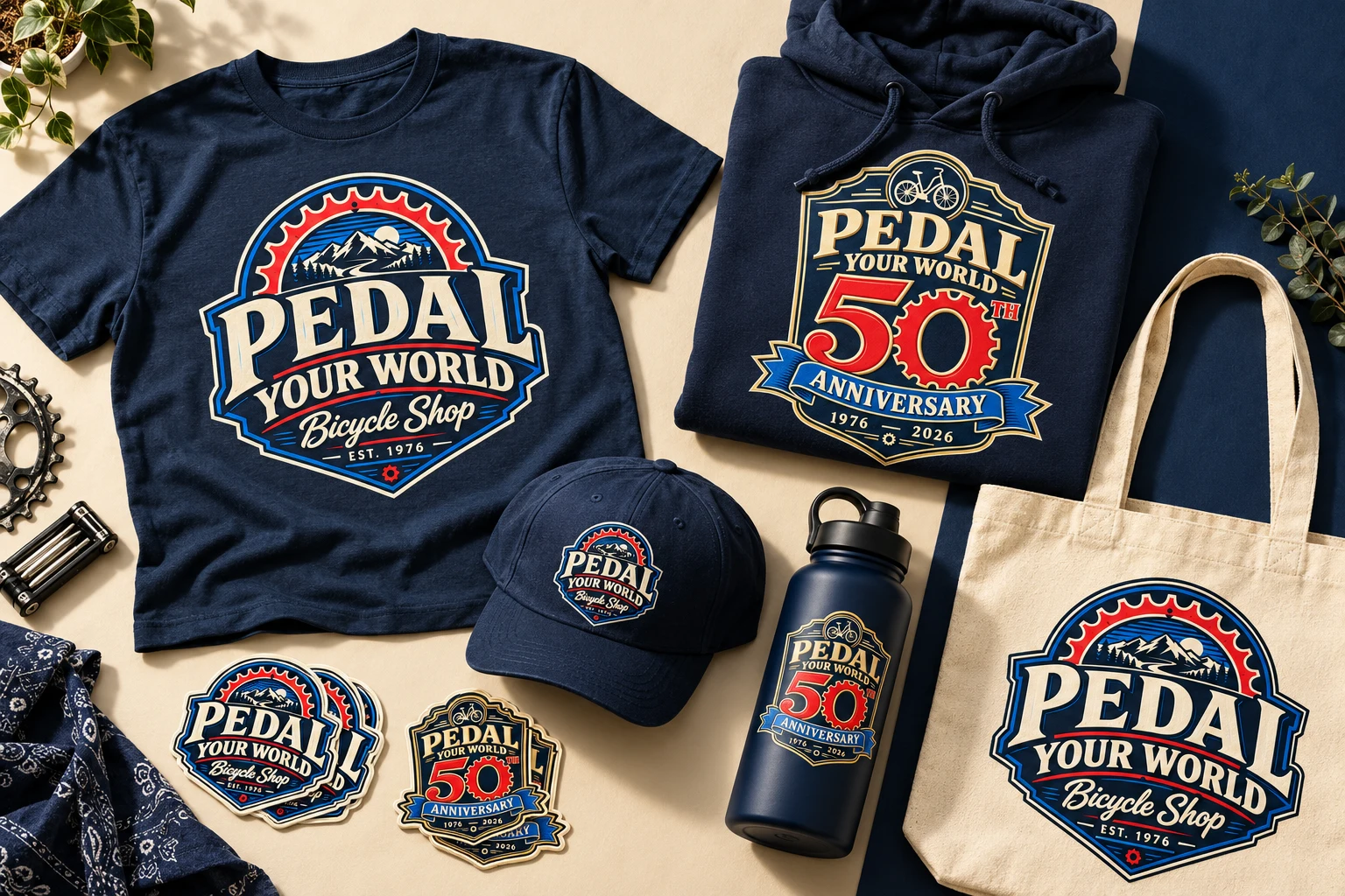 Concept merchandise flatlay with Pedal Your World badge tee, anniversary hoodie, cap, bottle, tote and stickers