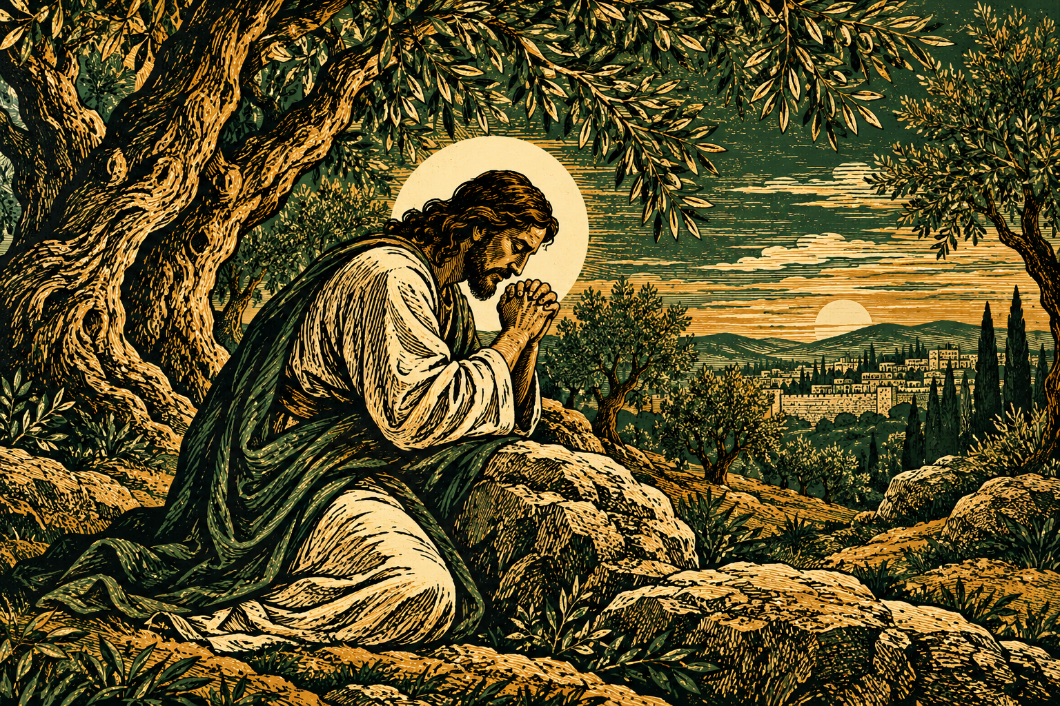 Olive Grove Prayer — Original generated artwork; not a manufactured product photograph