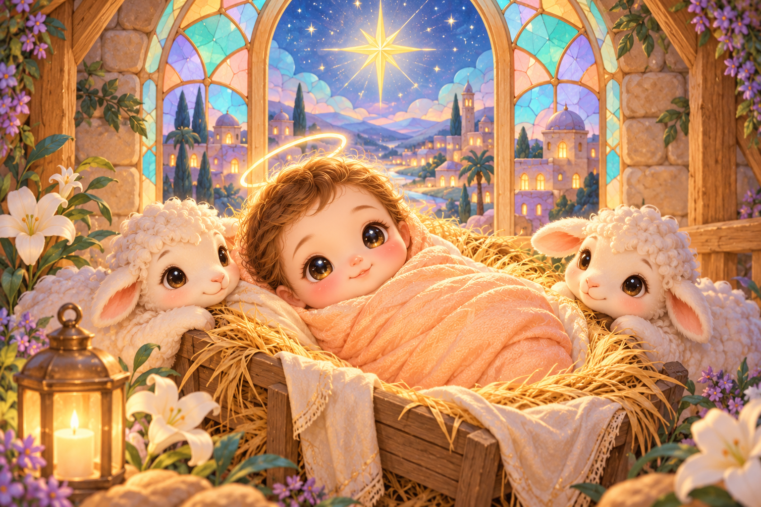 Peach Nativity Window — Original generated artwork; not a manufactured product photograph