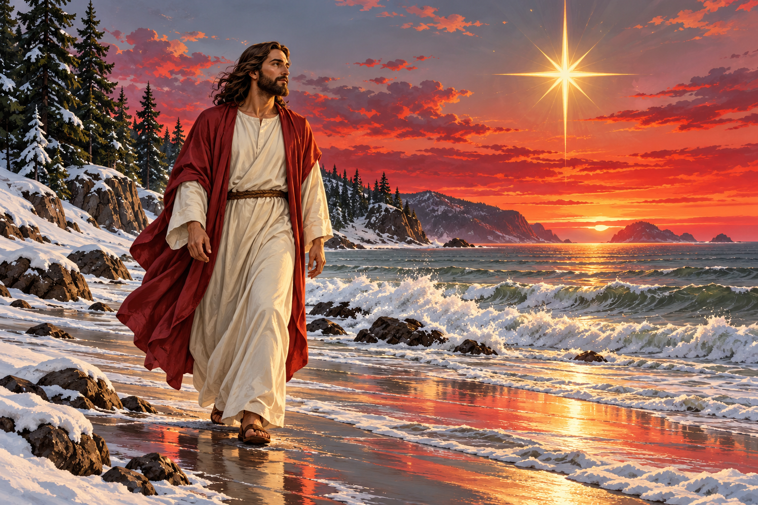 Christmas dawn coast — Original generated artwork; not a manufactured product photograph