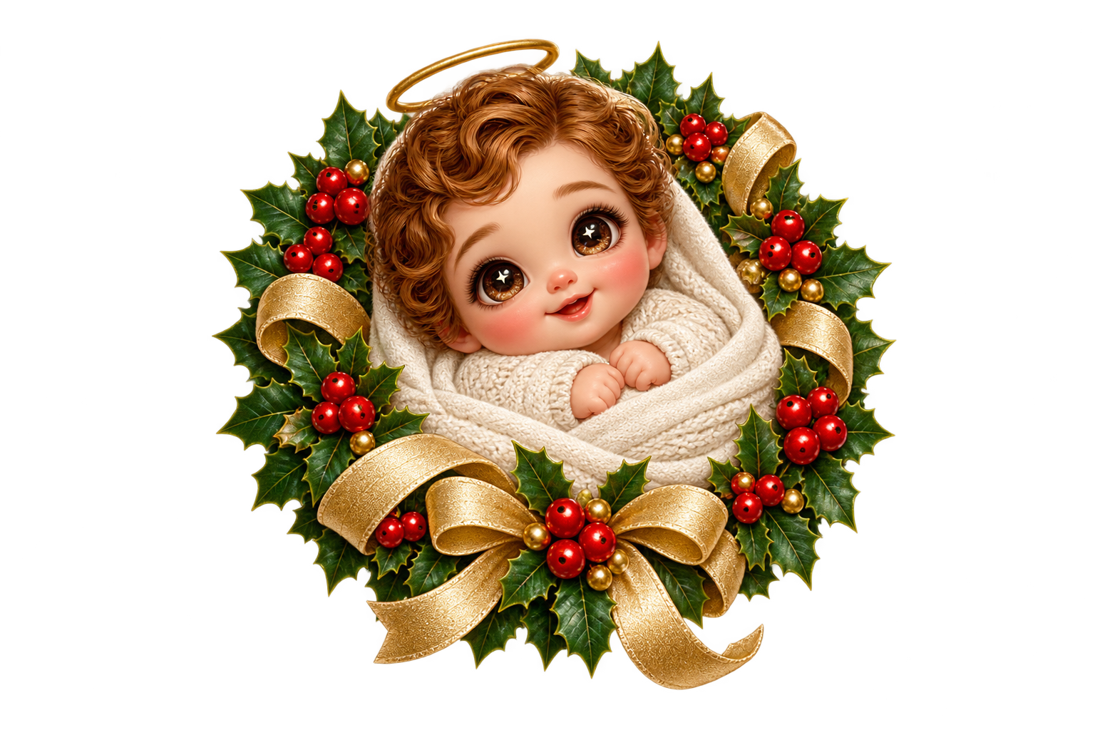 Holly wreath baby — Original generated artwork; not a manufactured product photograph