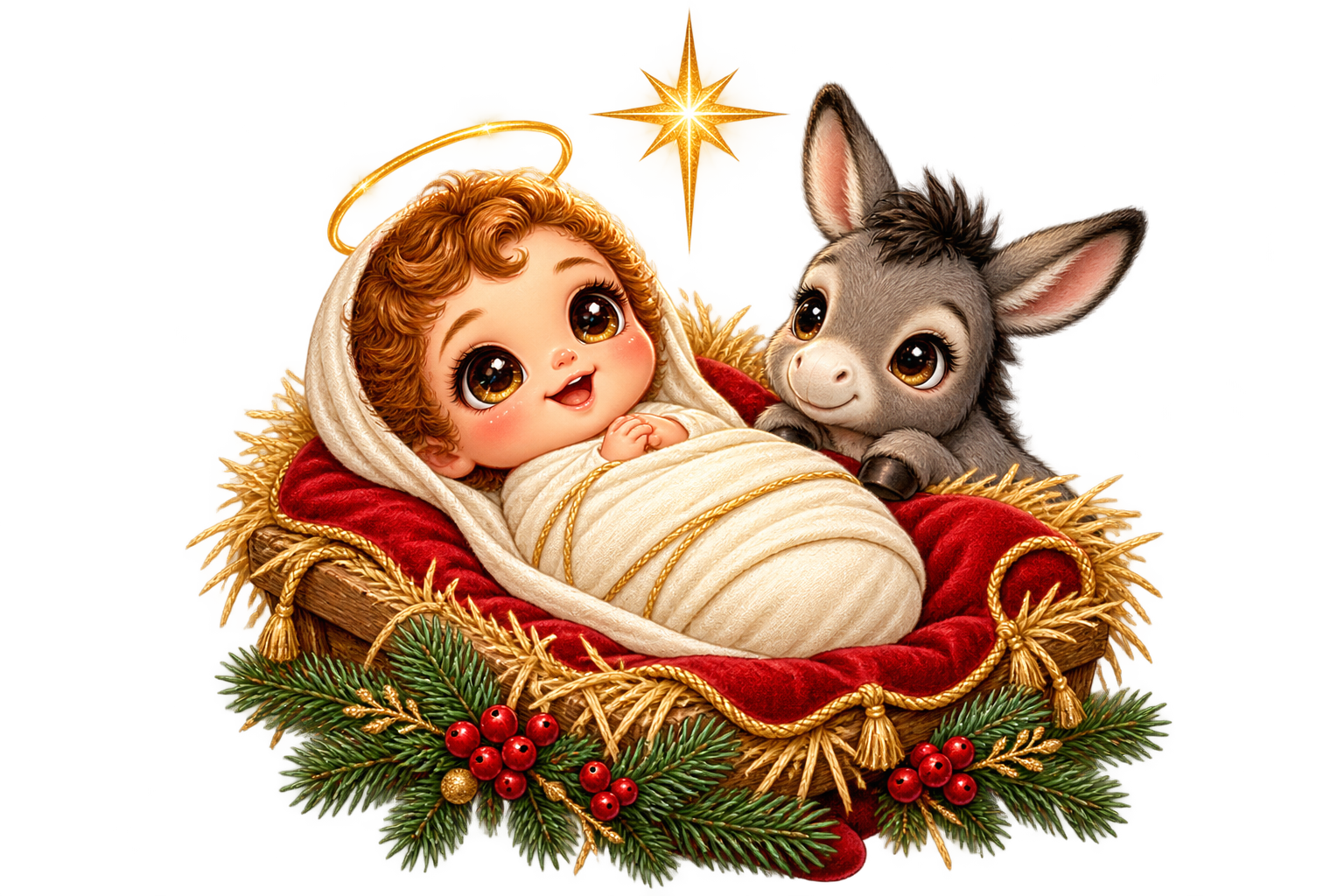 Little nativity donkey — Original generated artwork; not a manufactured product photograph