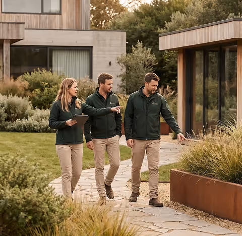 Three landscape studio team members in branded green jackets discuss a project while walking along a stone path past a modern home and a corten-steel raised planter with ornamental grasses.