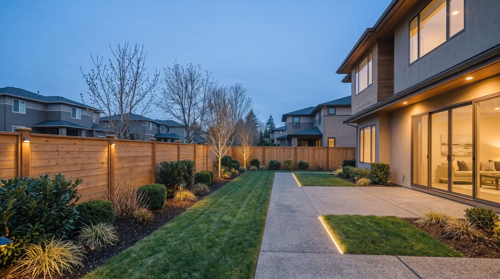 Modern two-story house with large windows overlooking a well-maintained backyard featuring green grass, concrete patio with embedded lights, a wooden privacy fence, and landscaped garden beds at dusk.