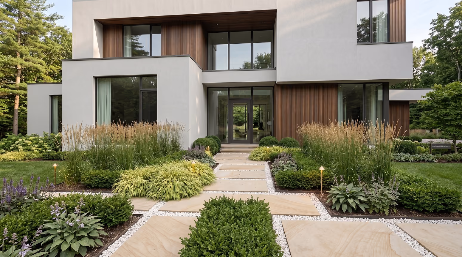 Modern two-story house with large glass windows and wooden panel accents, surrounded by neatly landscaped garden with green shrubs, grasses, and stone pathway leading to the entrance.