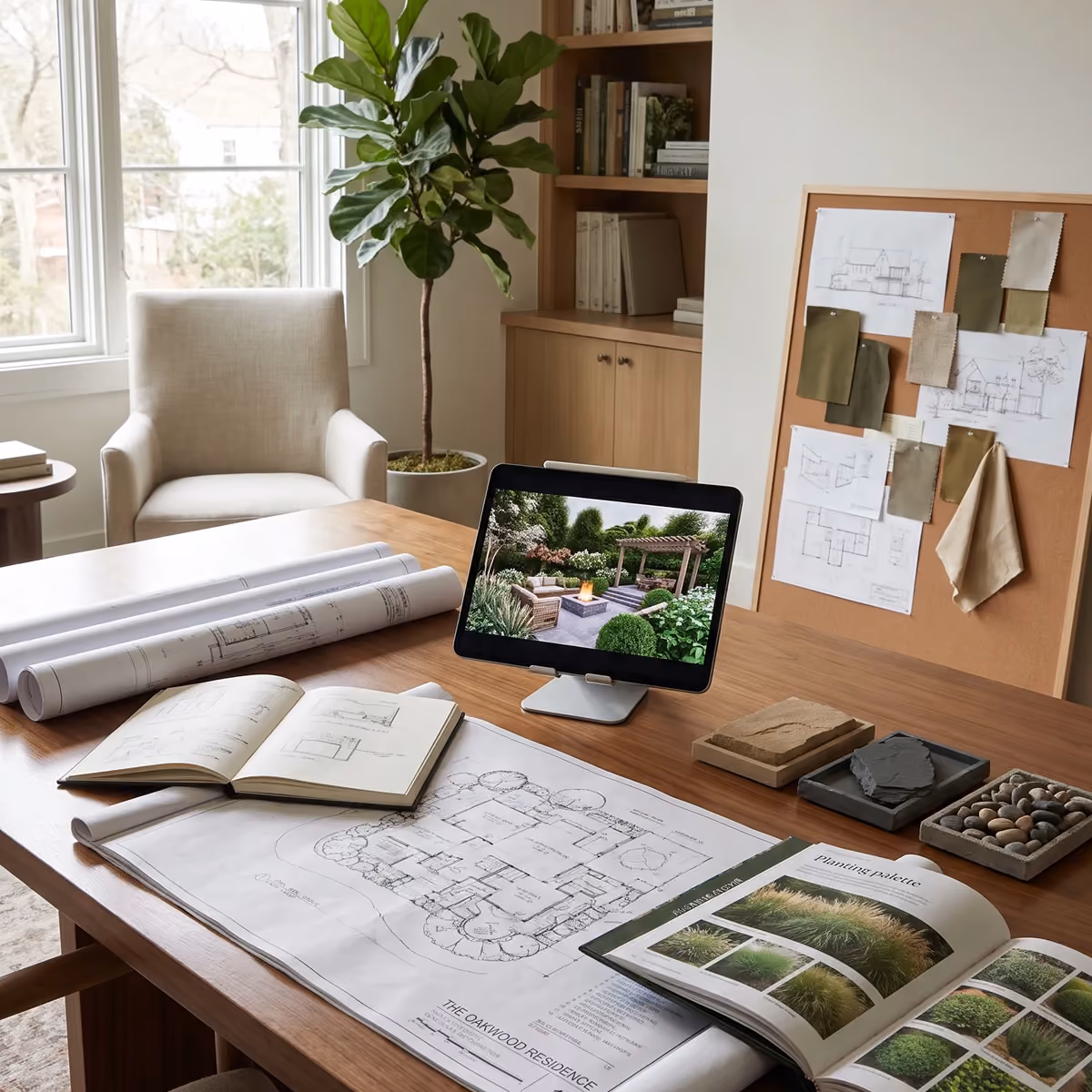 Desk with architectural blueprints, a notebook, a design magazine showing plants, and a tablet displaying a garden design; a chair, a large potted plant, and a bulletin board with sketches and fabric samples in the background.