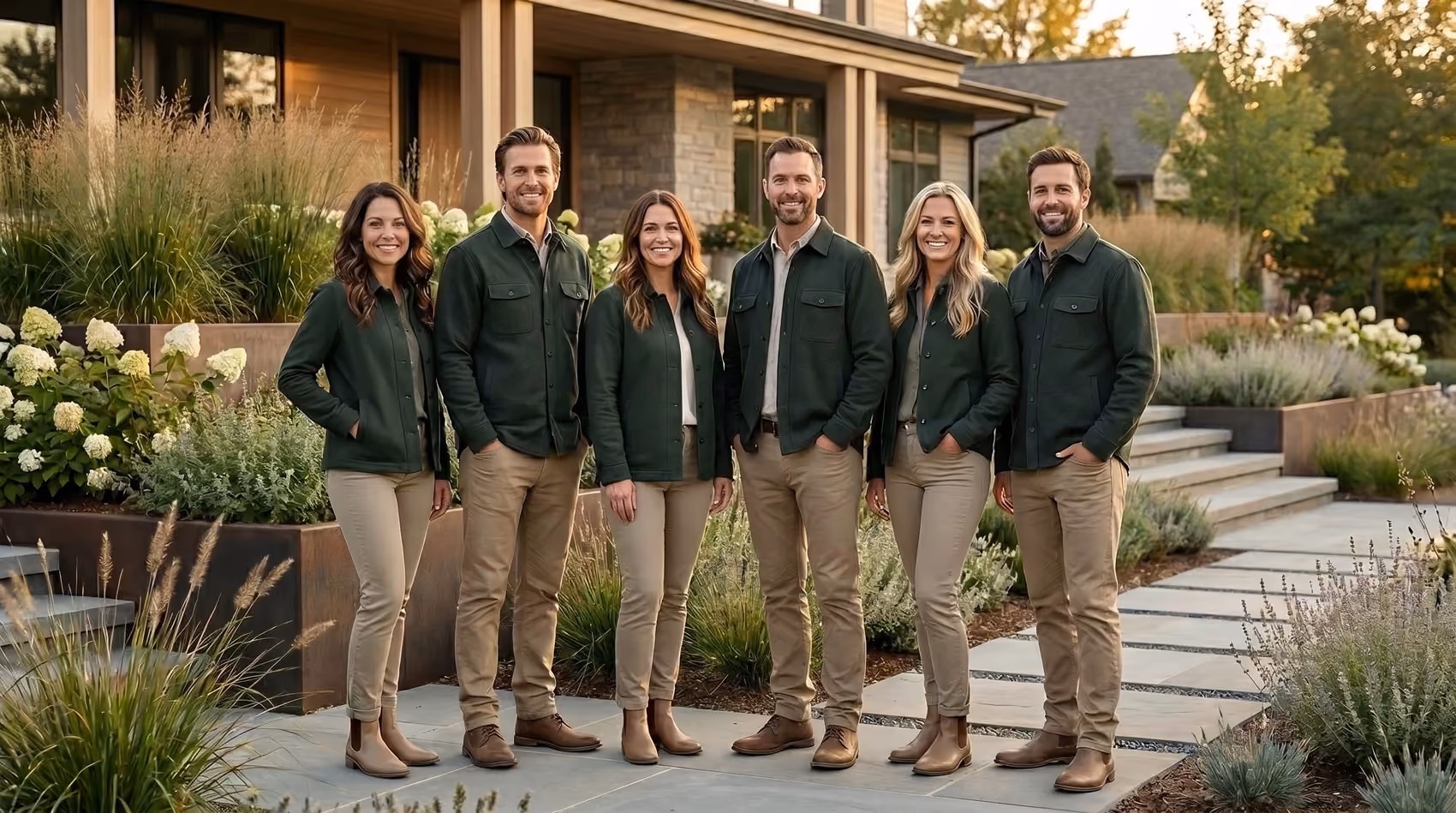 Six-person landscape studio team in matching dark green jackets standing on a stone terrace in front of a modern home, surrounded by blooming hydrangeas and ornamental grasses.