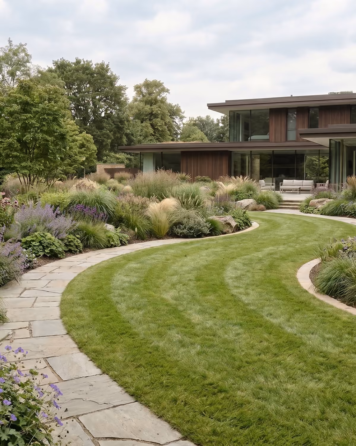 Curved stone pathway across a striped lawn leading to a modern wood-clad home with floor-to-ceiling windows, framed by lush borders of ornamental grasses and lavender.