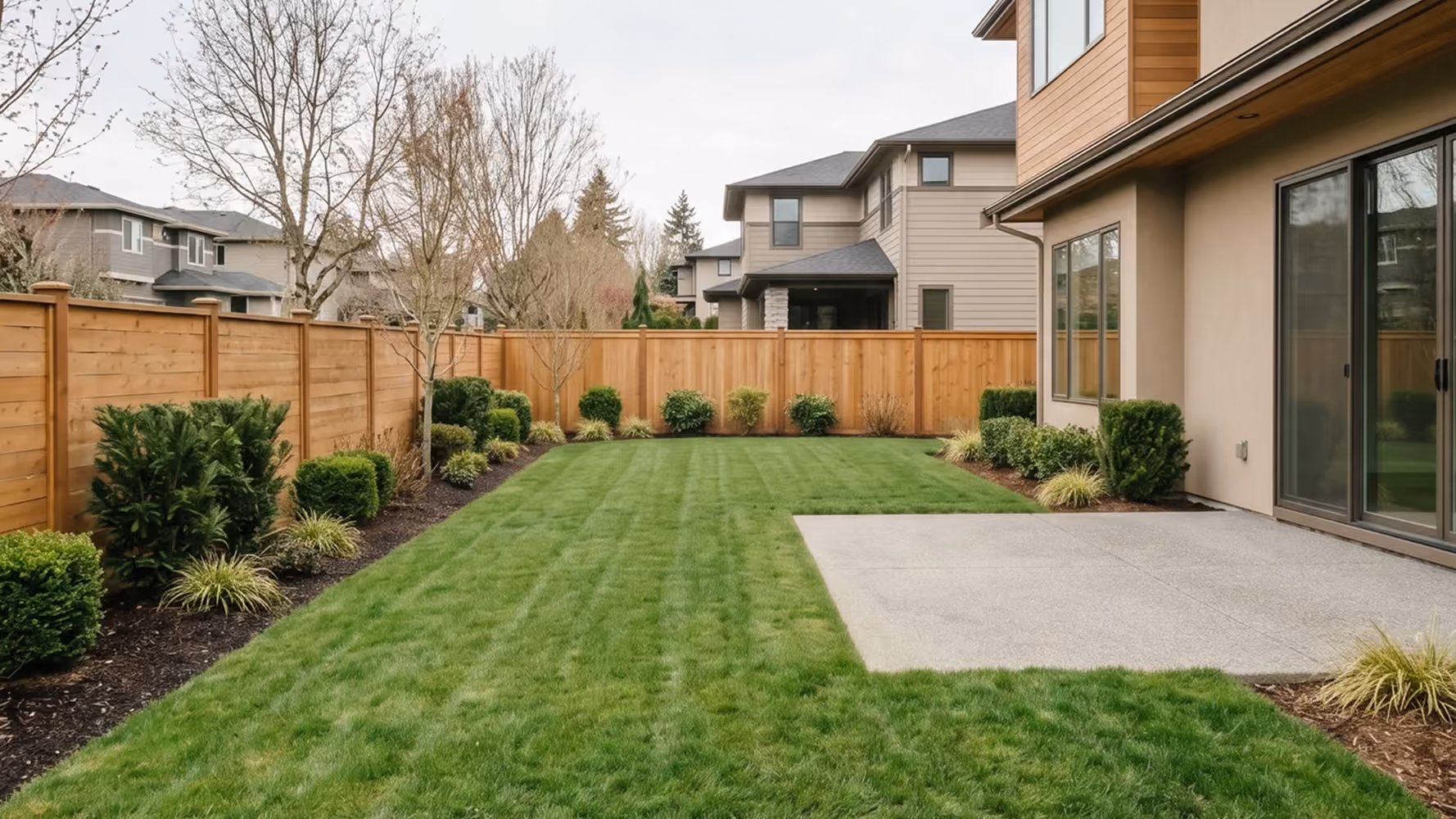 Manicured backyard with a striped lawn, concrete patio, and low hedges along a wood fence, backed by a modern home with wood and stucco siding.