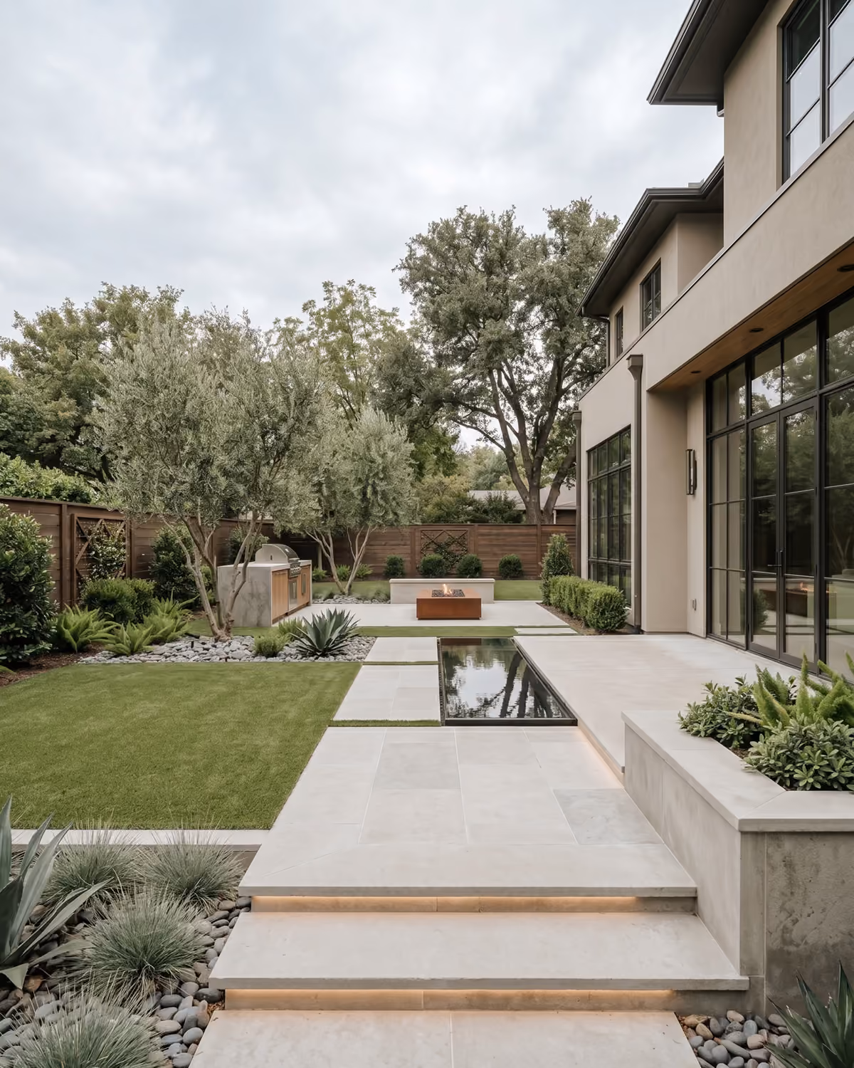 Modern backyard with an outdoor kitchen, a stone-clad fire pit, and a narrow reflecting pool set into a paved patio, surrounded by lawn, succulents, and evergreen trees along a wood fence.