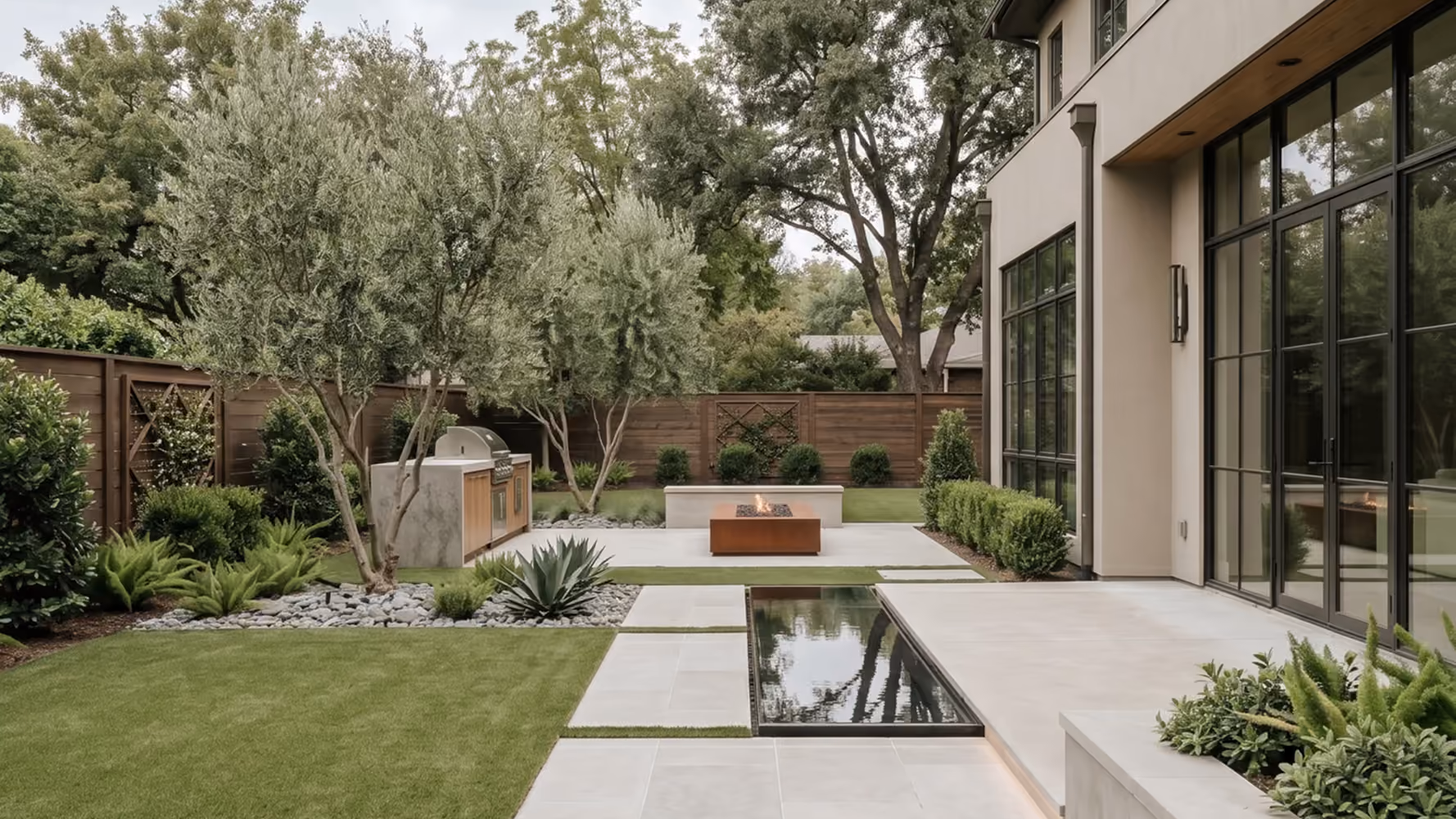 Modern backyard with an outdoor kitchen, a stone-clad fire pit, and a narrow reflecting pool set into a paved patio, surrounded by lawn, succulents, and evergreen trees along a wood fence.