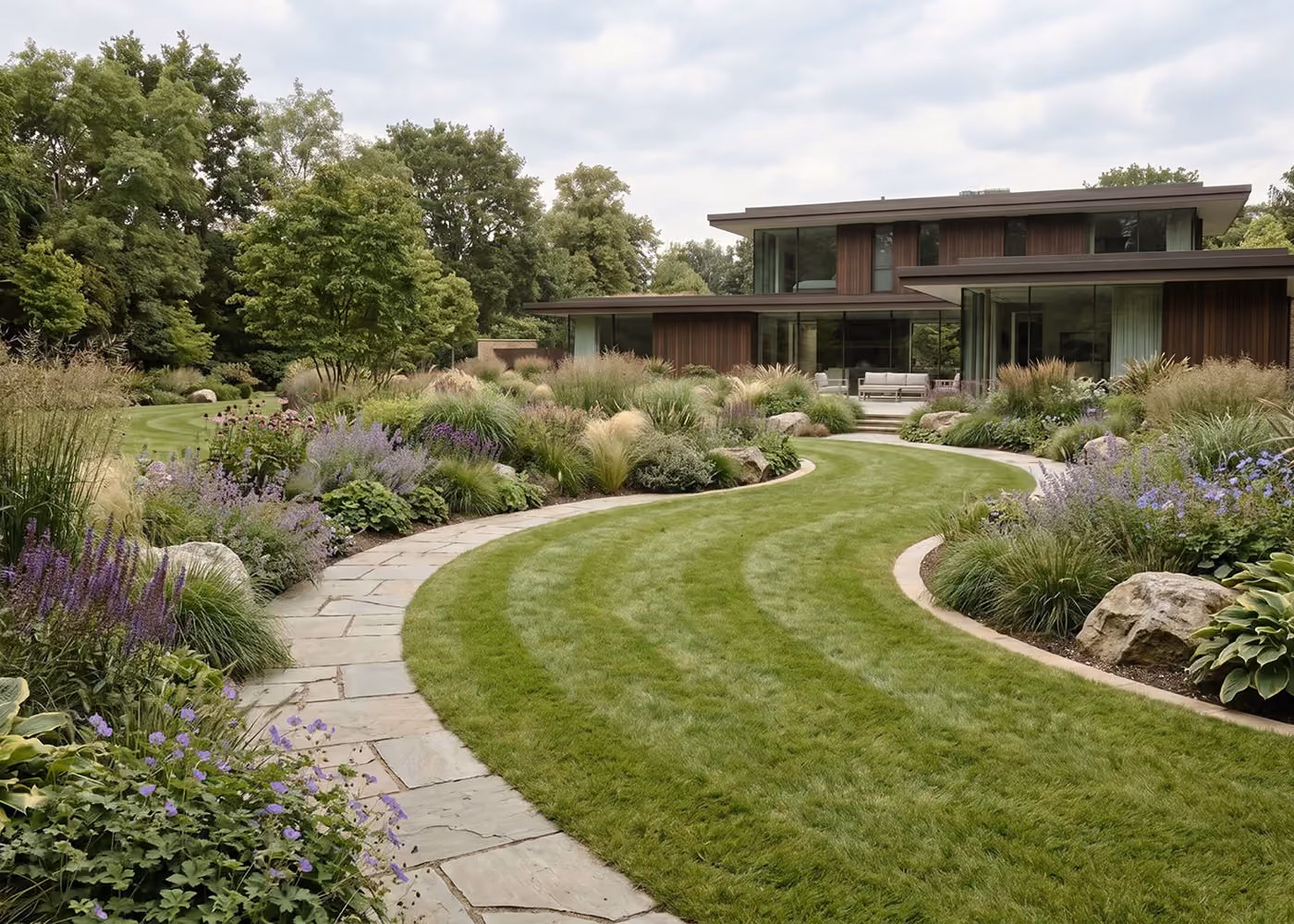Curved stone pathway across a striped lawn leading to a modern wood-clad home with floor-to-ceiling windows, framed by lush borders of ornamental grasses and lavender.