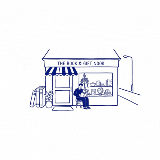 Hand-drawn illustration of a book and gift shop storefront