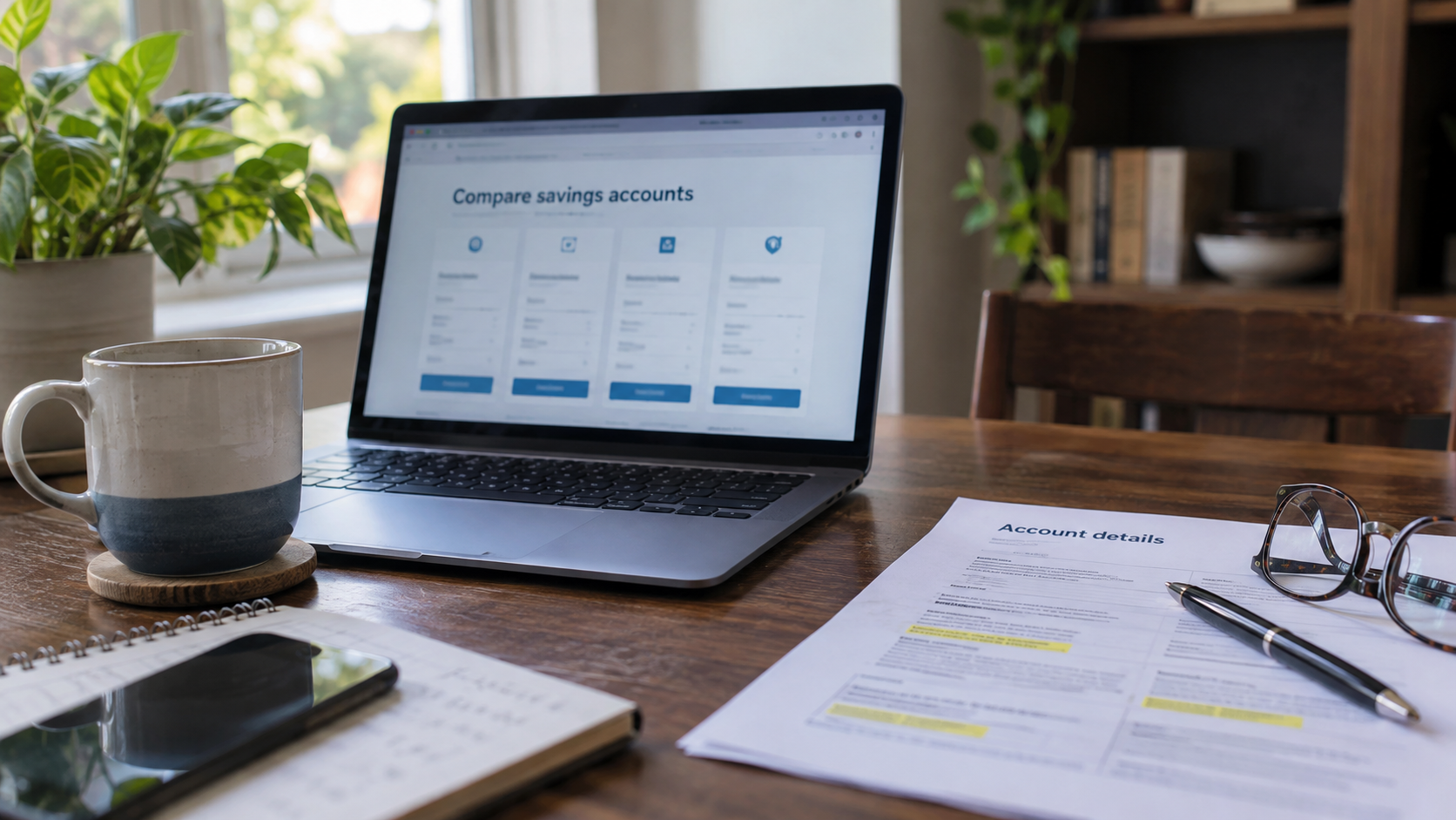 A laptop comparison page beside a printed account-details sheet and reading glasses.