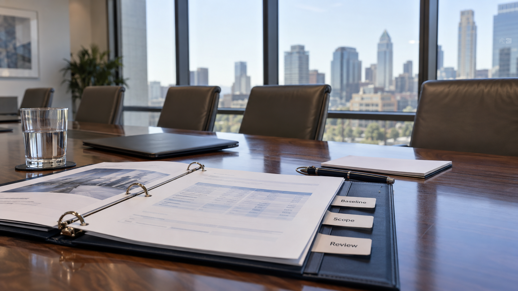 An open proposal binder with Baseline, Scope and Review tabs on an empty boardroom table.