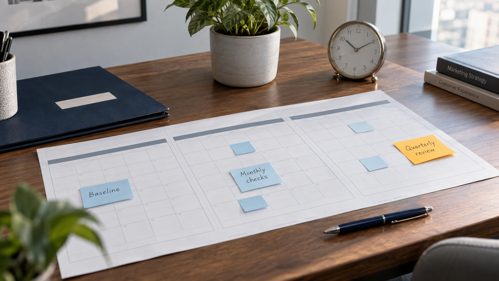 A desk calendar with notes for a baseline, monthly checks and a quarterly review.