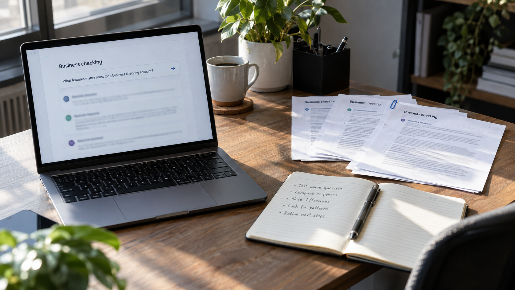 A laptop and repeated business-checking response printouts beside an observation notebook.