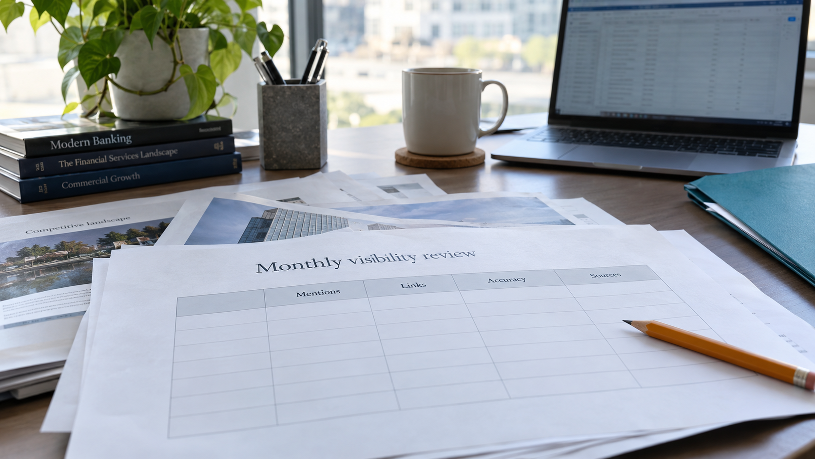 A monthly visibility worksheet with columns for mentions, links, accuracy and sources.