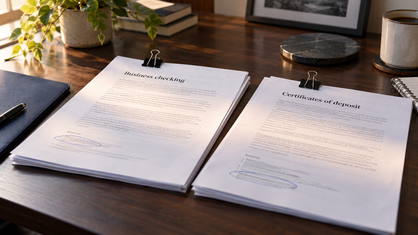 Printed answers about business checking and CD rates side by side, with different sources circled.