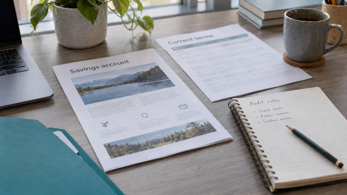 A desk with a printed savings account page, a rate sheet and an audit notebook.