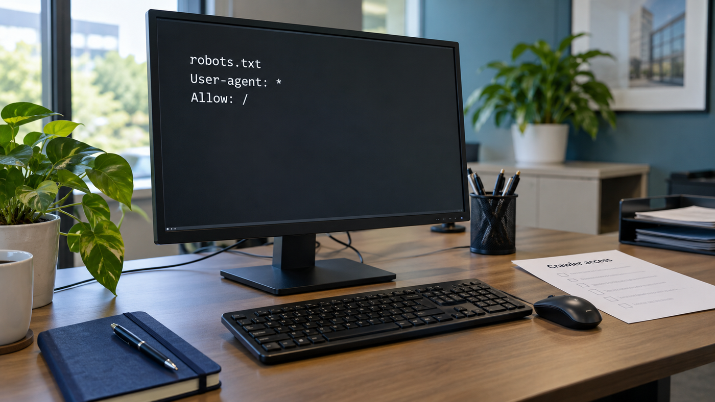 A security team workstation showing a robots.txt file beside a checklist of crawler names.