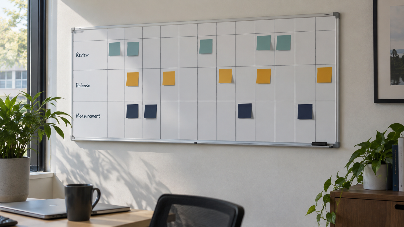A wall planner with review, release and measurement rows and colored scheduling notes.