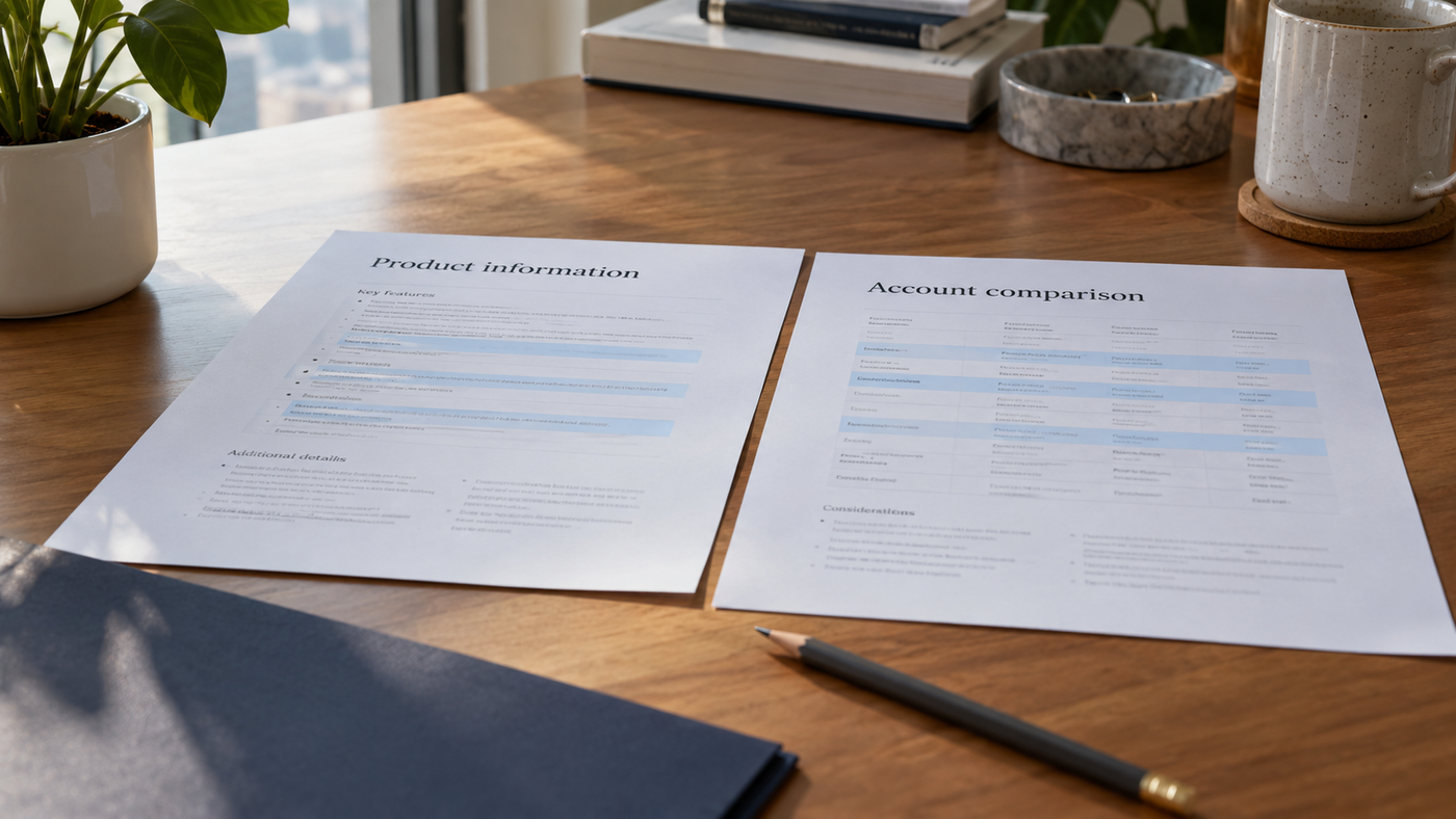 A bank product information sheet and a printed AI answer laid side by side on a desk.