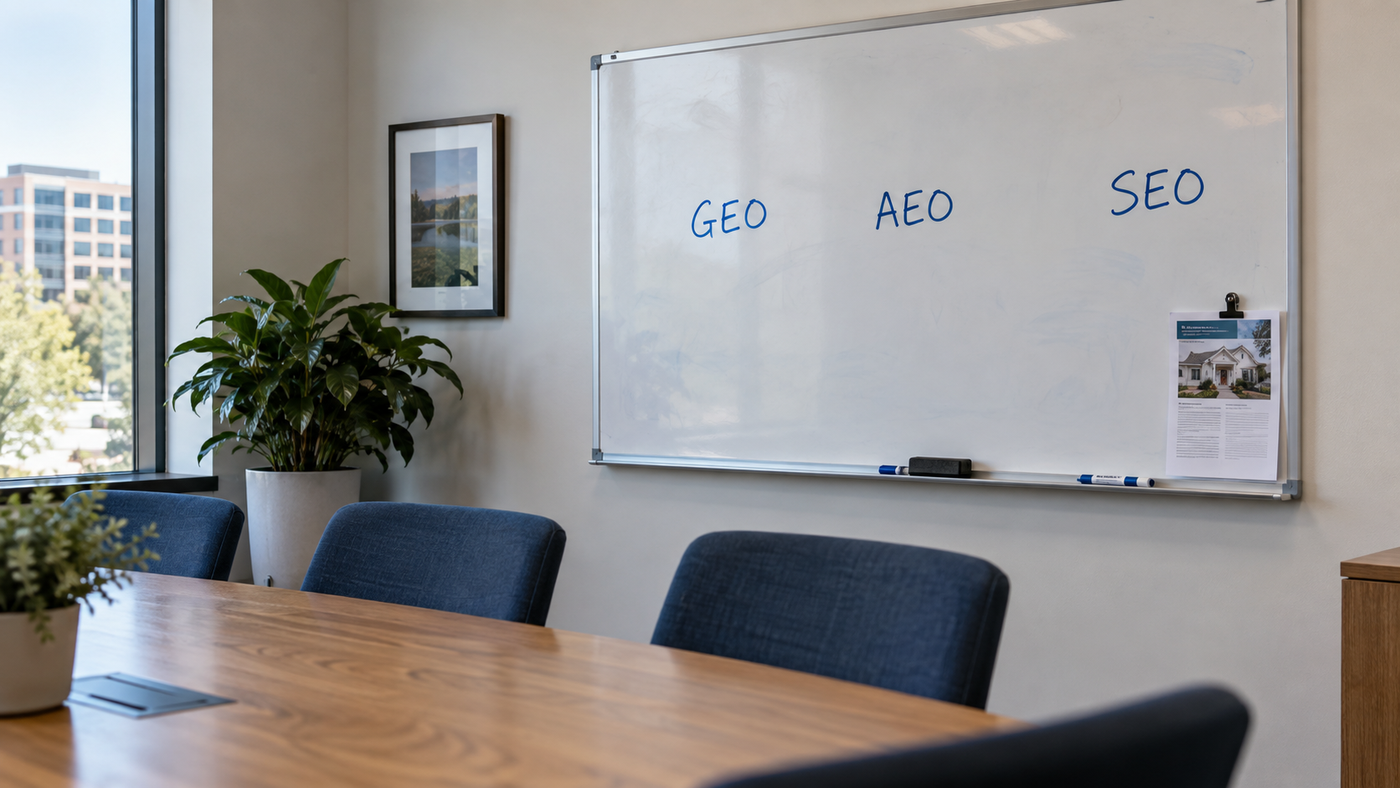 A whiteboard in a bank meeting room listing AI search terms beside a product page printout.