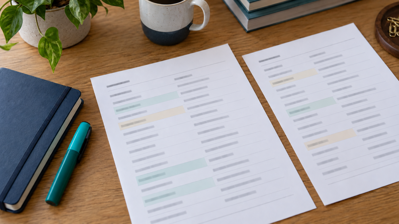 A bank SEO manager's desk with a printed search performance report and highlighted query groups.