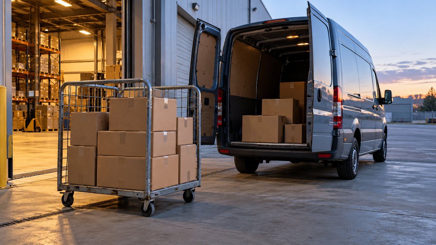 Plain parcels beside an open delivery van at a small fulfillment loading bay.