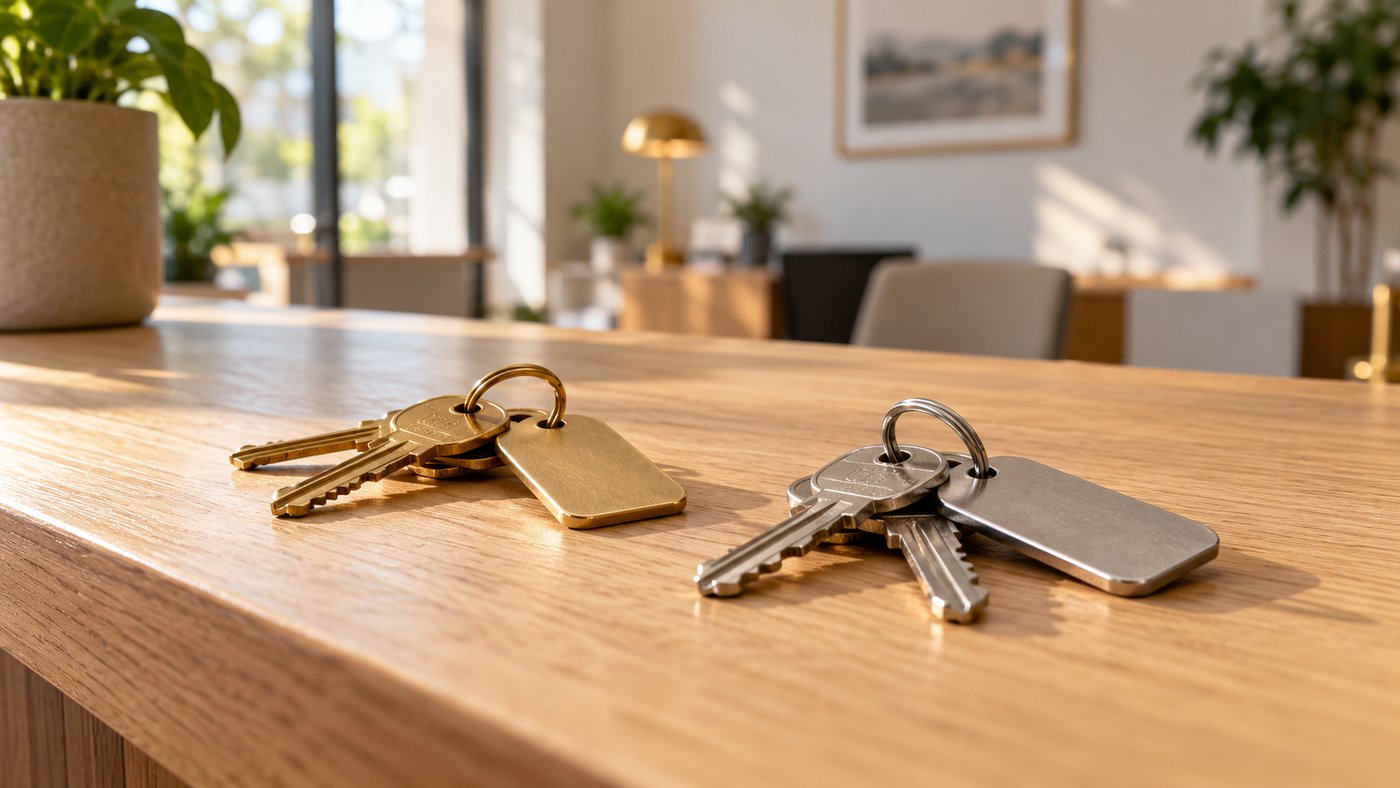 Two sets of keys with blank fobs on a light oak reception counter.