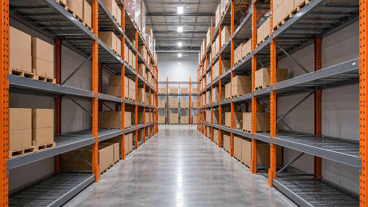 Orange warehouse racks with empty shelf bays between stocked sections.