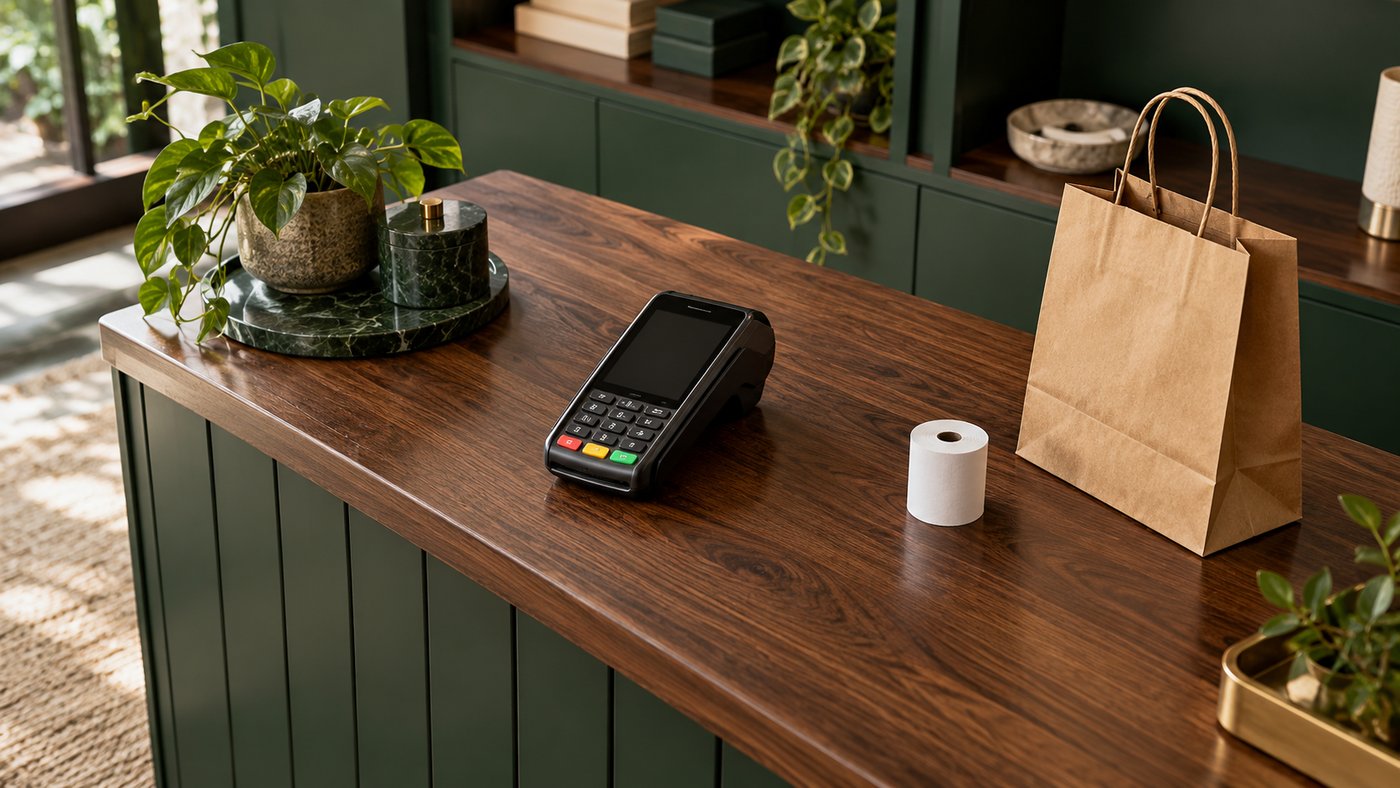 A blank payment terminal, folded kraft bag and receipt roll on a walnut checkout counter.