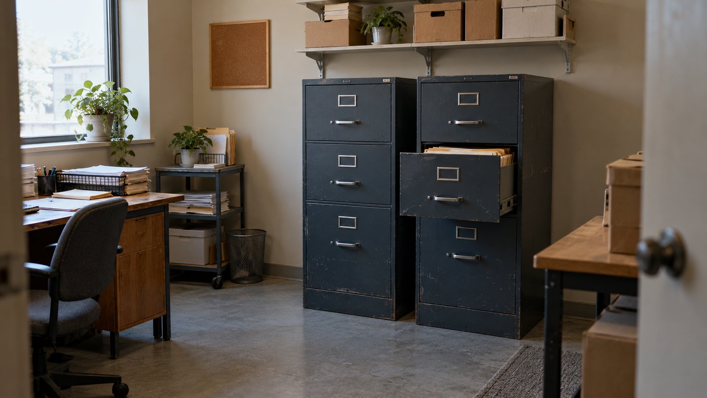 Two worn filing cabinets and archive boxes in a small finance office.