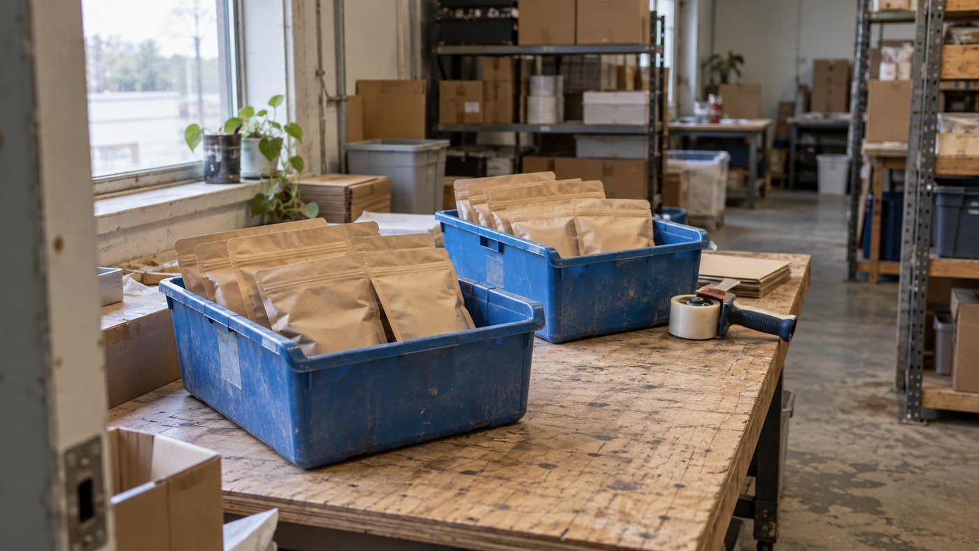 Two blue picking totes with similar kraft pouches on a worn packing bench.