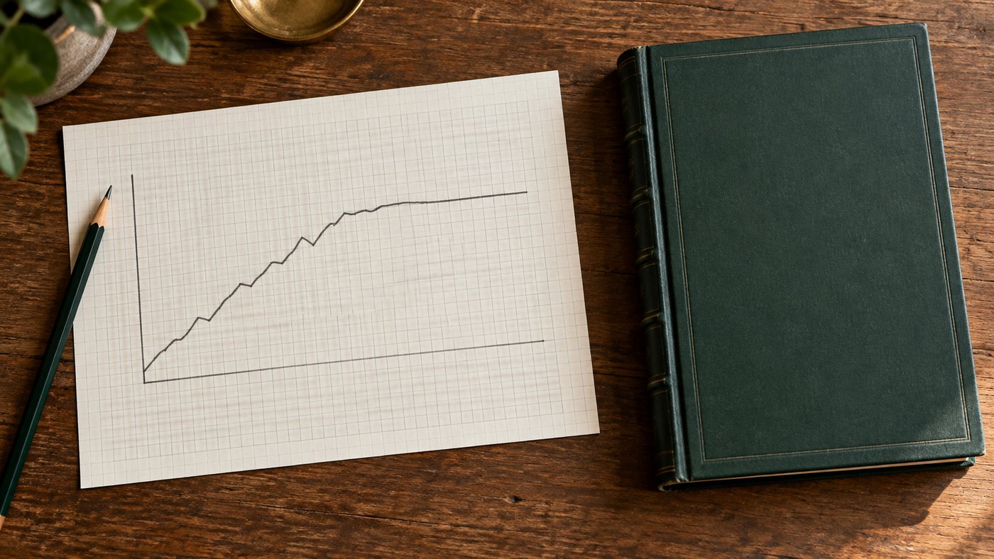 A chart drawn on graph paper that rises and then levels into a flat line, beside a closed ledger.